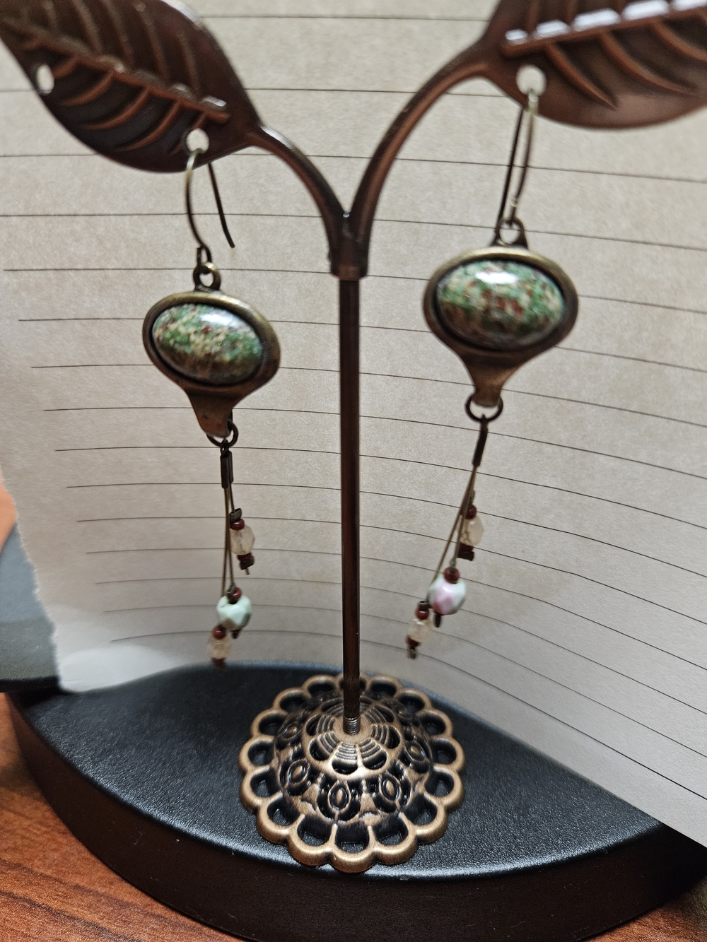 Green Stone Drop Earrings with Bronze Accents